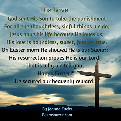 Christian Easter poem His Love on dawn background with cross.