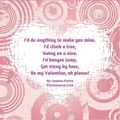 Busy mauve frame around white heart with funny valentine poem in fuchsia text.