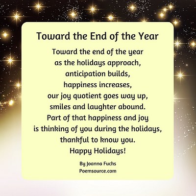 Stars on dark background, yellow square with holiday poem Toward the End of the Year
