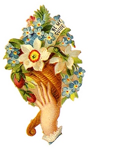 Hand holding basket of forgetmenots and a jonquil with Christian message be my guide