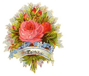 Christian message faith bouquet of roses, blue flowers in a basket held by hand