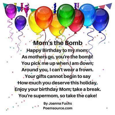 Multicolor balloons hanging from ceiling with mother birthday poem Mom's the Bomb.