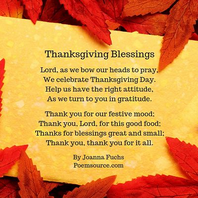Gold background framed with red fall leaves and Thanksgiving poem titled Thanksgiving Blessings in the middle.
