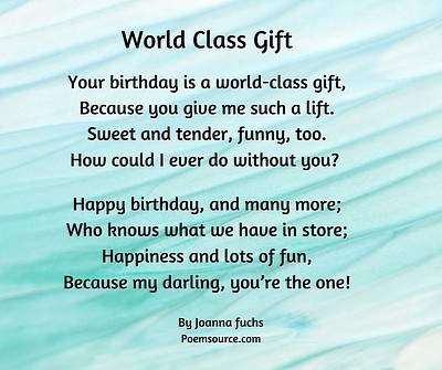 Birthday love poem World Class Gift on pastel abstract aqua background.