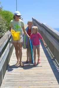 mother and two kids walking across bridge with beach toys, ocean in background for poems to mothers