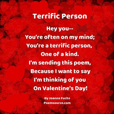 Bright red background of overlapping hearts with Valentine Poem in white text.