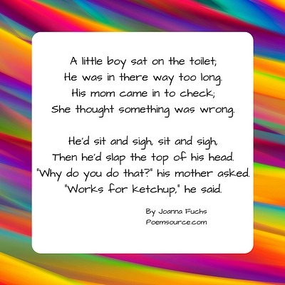 Multicolor striped background for funny poem about boy on toilet slapping the top of his head, like ketchup.
