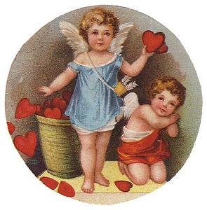 Two winged cupids, on holding heart, basket of hearts in background.