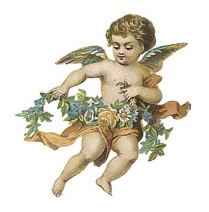 Winged cupid with sash and wreath around hips.