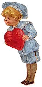 Boy in sailor suit holds big heart for Valentine.