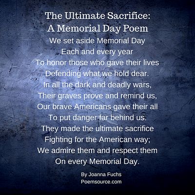Dark blue background with white text for patriotic Memorial Day Poem "The Ultimate Sacrifice."