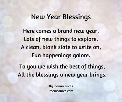 New year poem "New Year Blessings" on pastel abstract background.